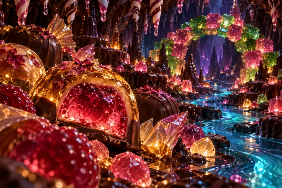 A dark candy cavern reveals giant bonbons with glowing raspberry centres, sugar stalactites and a blue syrup stream beneath a gummy arch.