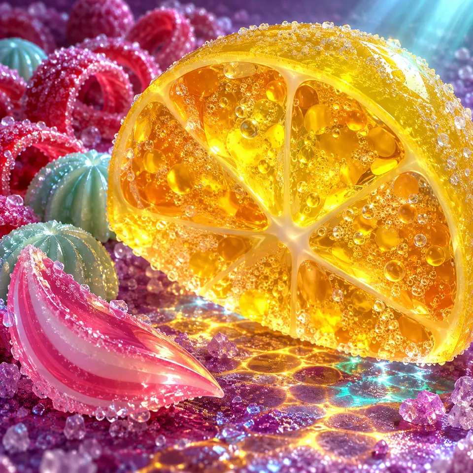 A luminous golden citrus jelly cross-section filled with tiny bubbles casts coloured light across violet sugar and pink striped candy.