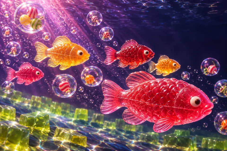 Moulded raspberry and citrus gummy fish swim past transparent sugar bubbles containing striped bonbons above lime jelly cubes.