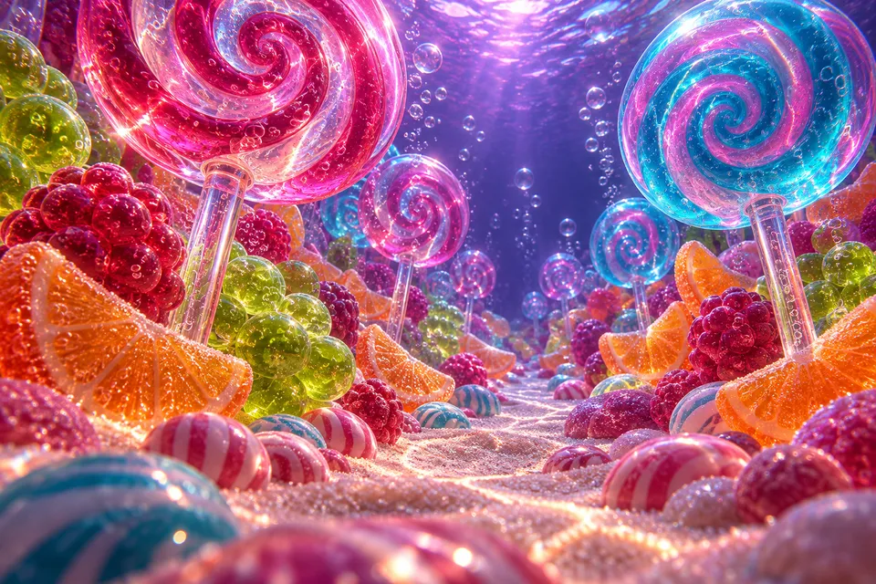 Huge translucent pink and cyan spiral lollies rise above glowing raspberry gummies and orange jelly slices on a violet underwater candy reef.