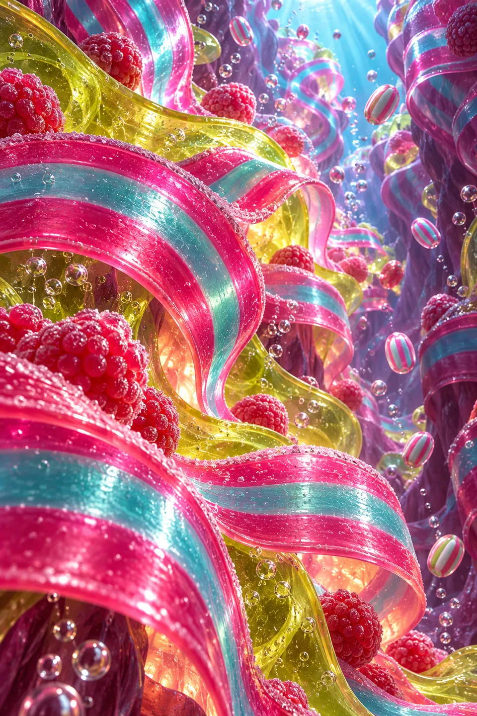 Tall pink, aqua and lemon ribbon-candy folds flow through a deep illuminated canyon with raspberry sweets and floating bonbons.