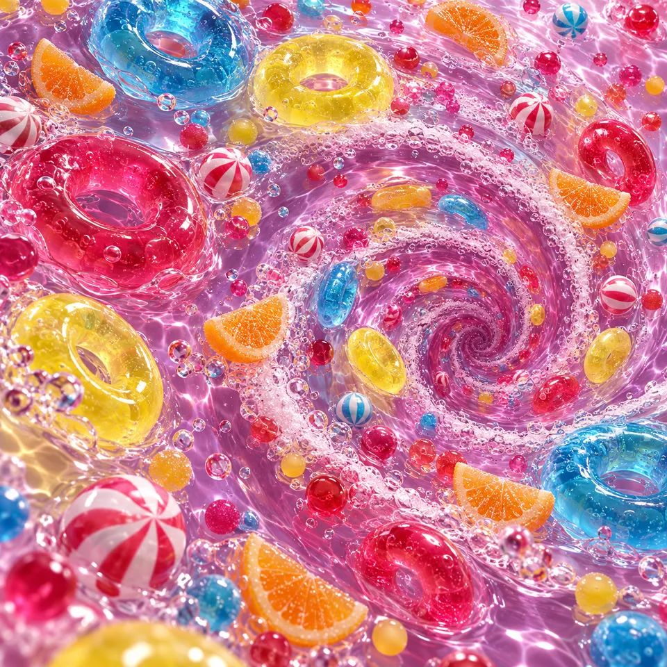 An overhead fizzy pink whirlpool carries translucent gummy rings, orange jelly wedges and tiny striped sweets in a bright spiral.